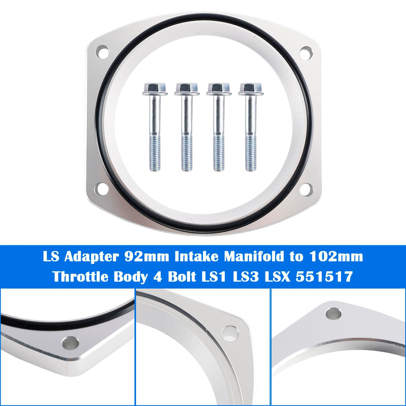 Bruce & Shark 102mm Aluminum Throttle Body Adapter Spacer Plate Kit Compatible with GM LS1 LS3 LSX LS Engine, With 4 Bolt & O-Ring