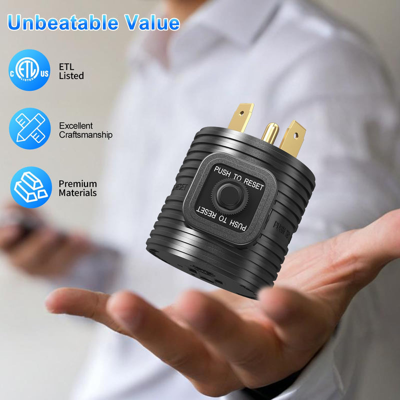 30A to 110 Adapter NEMA TT-30P Male Plug to NEMA 5-15R Female Receptacle with 15A Rated Breaker Grounding House Power to RV Camper ETL Listed