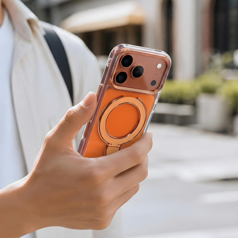 Magnetic Case for iPhone 17 Pro Max Ring Kickstand&Screen Protector, Orange | Durable Anti-Yellow Magnetic Case, Clear Bumper, Metal Ring Kickstand, Drop-proof, Fits MagSafe, Includes HD Screen Protector