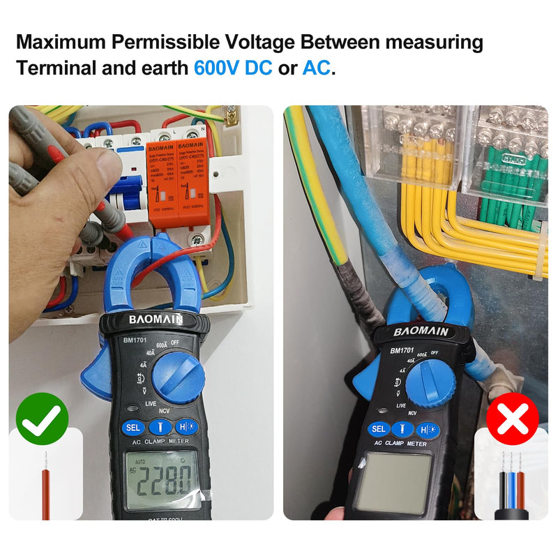 Baomain Digital Clamp Meter 4000 Counts Multimeter, Measures AC Current (4A/40A/600A), AC/DC Voltage,Resistance,Diode,Continuity, with NCV,Live Wire Test,BM1701 4000 Counts (4A/40A/600A)