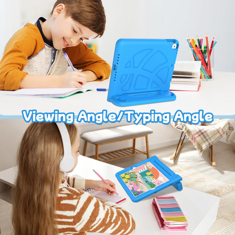 TIRIN Kids iPad Case 9th/8th/7th Generation 10.2 inch (2021/2020/ 2019) | Blue iPad 9th gen case with built-in screen protectors, iPad 8th gen case with Foldable Handle Stand, Child-friendly