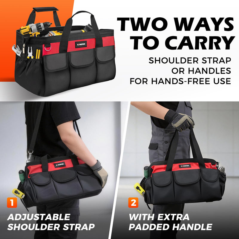 Kingfun 16 Inch Heavy Duty Tool Bag with 14 Pockets, Wide Mouth Tool Bag Organizer with Adjustable Shoulder Strap & Padded Handle, Durable Tool Storage Bag for Electricians, Mechanics & More (Red) Red