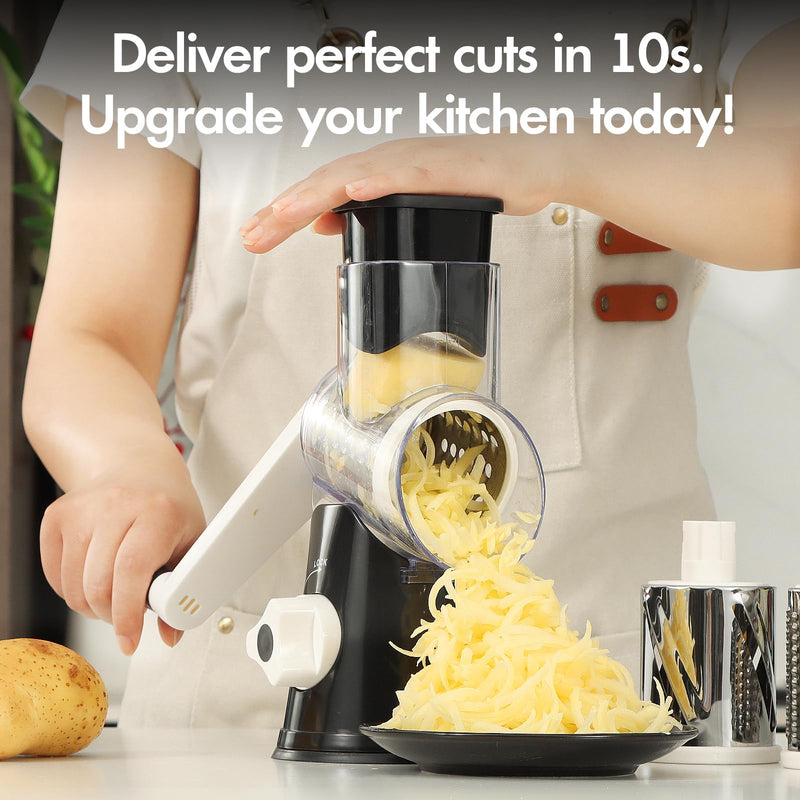 Cheese Grater Hand Crank, Rotary Vegetable Shredder with Handle and Strong Suction base, 3 in 1 Kitchen Speed Spin Veggie Slicer Nut Grinder for Pizza Top, Hash brown, Salad and More (Black) Stainless Steel + Plastic (BPA Free) Black