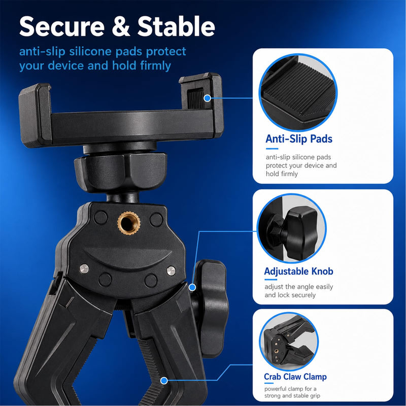 Mic Stand Phone Holder with 360 Rotation | For iPhone Samsung All Phones, Adjustable Clamp Fits 0.47-1.1 Inch Poles, 3 Ball Joints, 180° Tilt for Music Performance