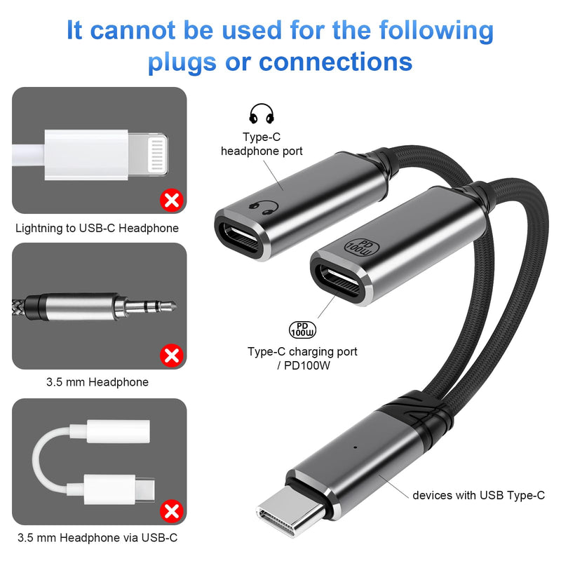Mandiq USB C Splitter 1 in 2 Out，Type C to Headphone Jack Adapter and Charger Adapter Audio Dongle Cable with PD 100W for iPhone 16 15 Pro Max， iPad Pro，More USBC Grey