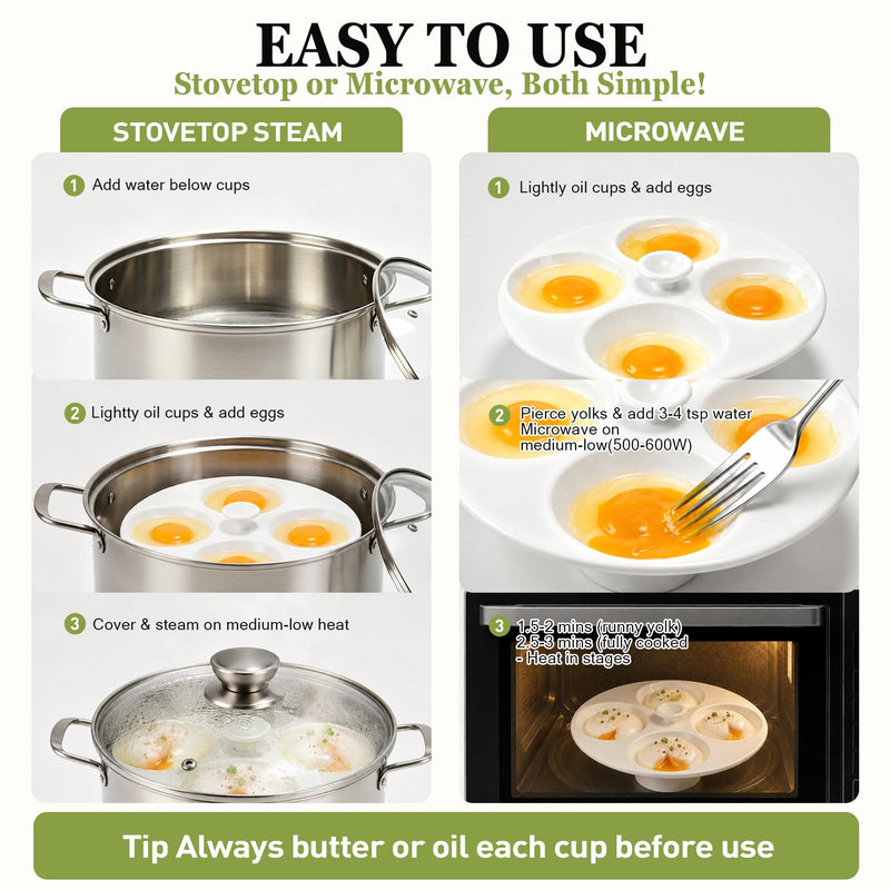 Ceramic Egg Poacher, 4-Cup Egg Poacher Pan Nonstick for Perfect Poached Eggs, Poached Egg Cooker Compatible with Most Pots, Stovetop Cooking, Easy-Clean Egg Cooker Poacher for Perfect Poached Eggs