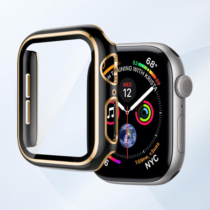 Tempered Glass Screen Protector for Apple Watch case Series SE 11 10 9 8 7 6 5 4 40mm 44mm 41mm 45mm 49mm 42mm 46mm Waterproof Cover PC Protective Bumper for iwatch. (41mm,Black/Gold) Black/Gold
