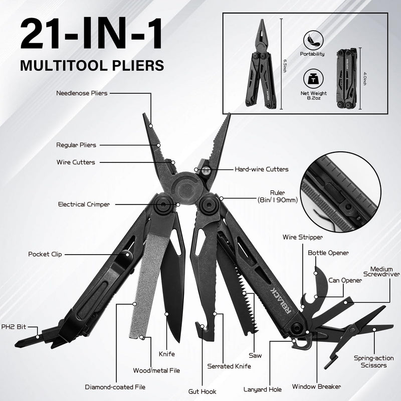 21-in-1 Scissors & Pliers Multitool w/Tungsten Cutters, Self-Locking | Durable Heavy-duty EDC Kit for Camping, Repair, DIY & Outdoor Survival, Nylon Pouch (Black) Black w/ Tungsten-21 in 1
