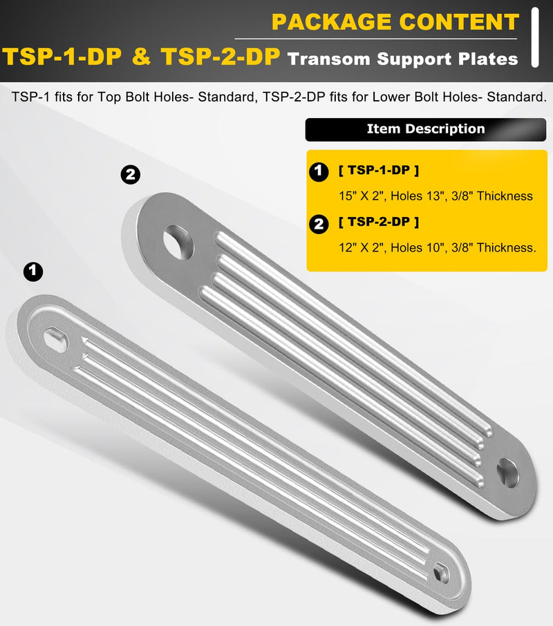 Camoo TSP-1 & TSP-2DP Transom Support Plate Kit for Top Bolt Holes Standard and Lower Bolt Holes Standard (12" x 2" & 15" X 2"), 3/8" Thickness Cast Aluminum, 2 Pack