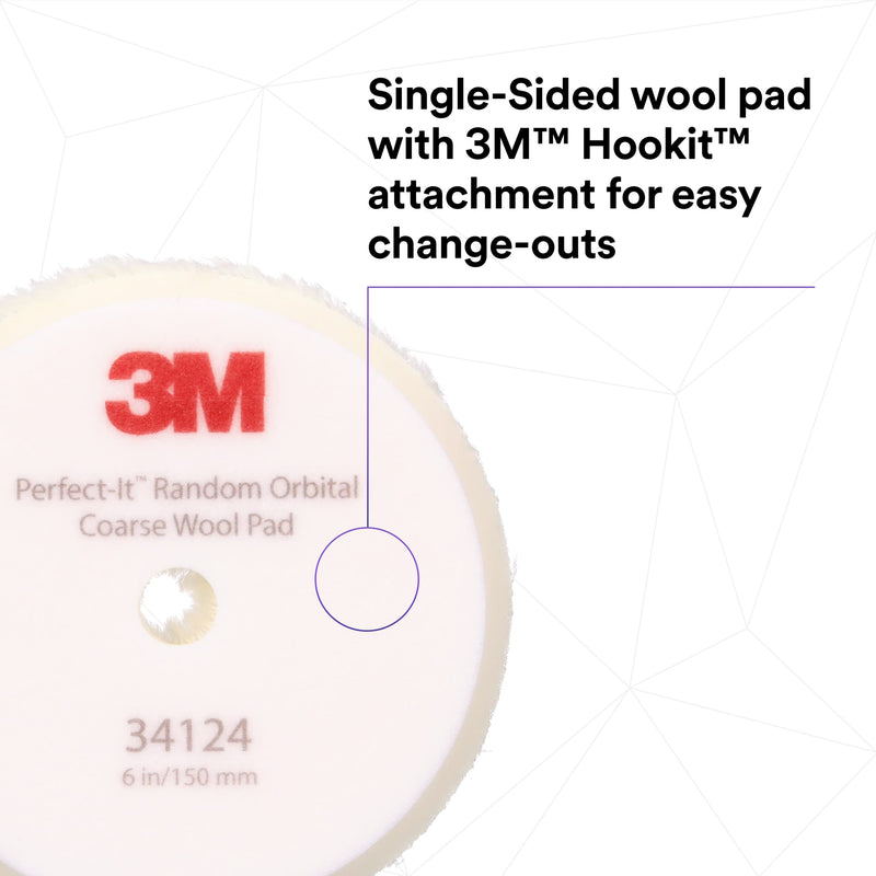 3M Perfect-It Random Orbital Coarse Wool Compounding Pad, 6"/150 mm, White, 34124, Orbital Pads for Automotive Compounding and Polishing 6" 150mm