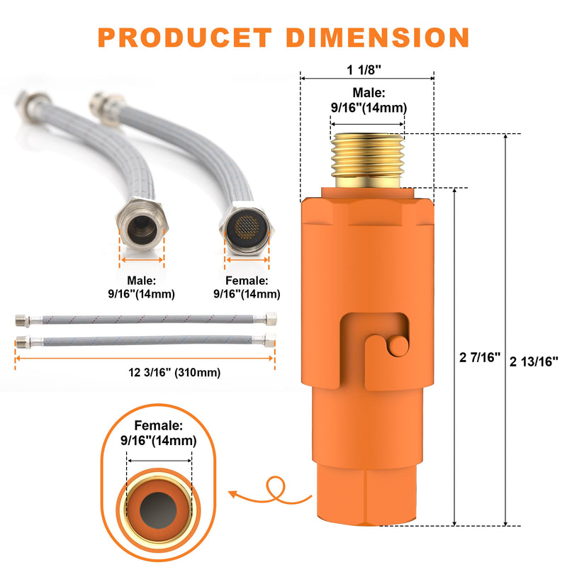 TIORIY 2 Pack Sediment Water Filter G 3/8 (9/16") with Hose, Conncet Angle Valve, 35 Micron Reusable Under Sink Inline Water Filter with 12in Extension Tube, Compression Fitting for Bathroom Kitchen