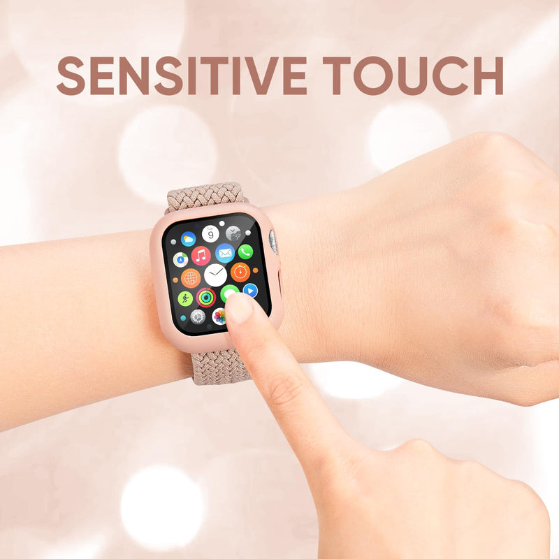 2 Pack Braided Stretchy Band Compatible with Apple Watch Bands and Case | 40mm 41mm 42mm 44mm 45mm 46mm Nylon Elastic Strap Protective Cover & Screen Protector, Fit iWatch Series 11 10 9 8 7 SE 6 5 4 Starlight+Pink