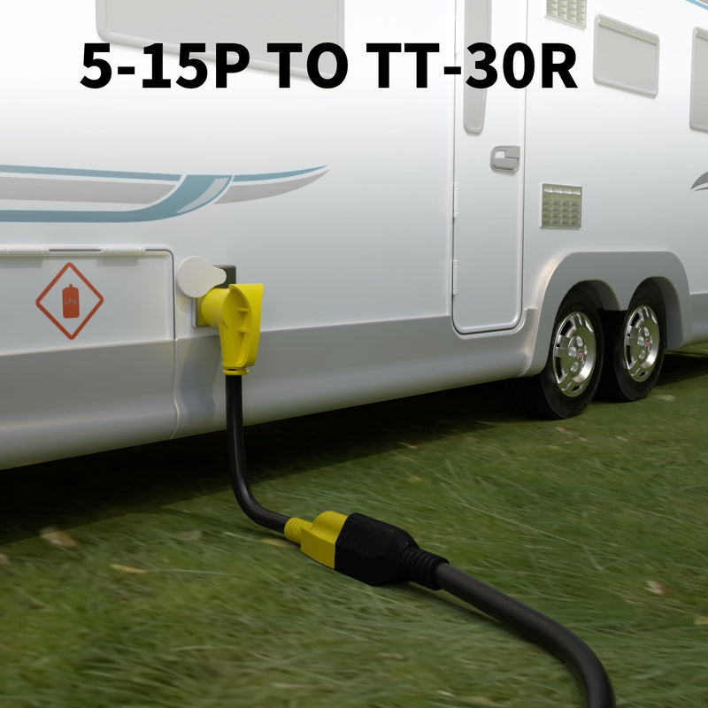 RV 30 Amp to 110 Adapter 12 inch, Heavy Duty 10/3 Gauge RV Electrical Adapter, NEMA 5-15P Male to NEMA TT-30R Female, STW 10AWG 15A 125V 1875W, Black-Yellow, ETL Listed 5-15P to TT-30R