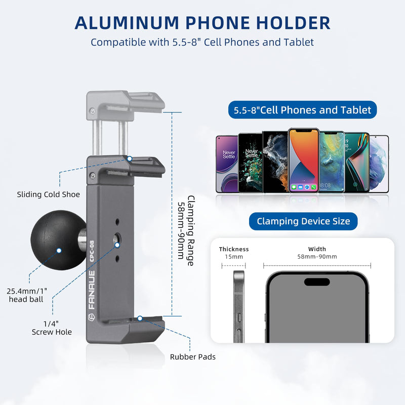 FANAUE Aluminum Phone Holder with 1" Ball Head Adapter Compatible with RAM mounts B Size Double Socket arm (CPC-08) CPC-08