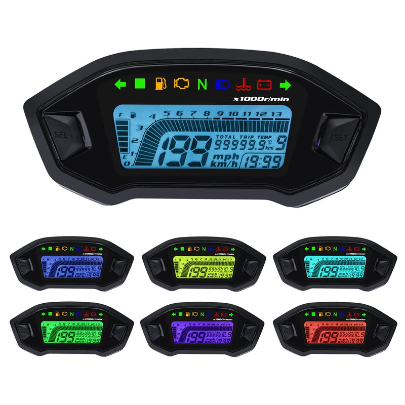 KAOLALI Motorcycle Speedometer Tachometer Universal 13000rpm LCD Digital Odometer Gauge Adjustable 7 Colors for 2,4 Cylinders