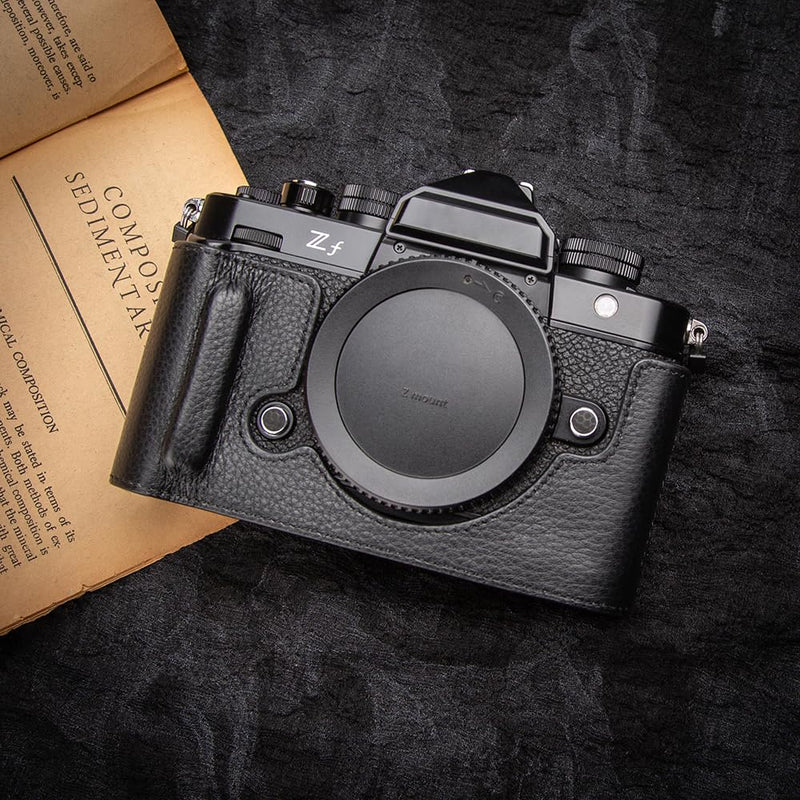 Handcrafted Vintage Half-Wrap Camera Protector Genuine Leather Camera Case for Nikon ZF (Black) Black