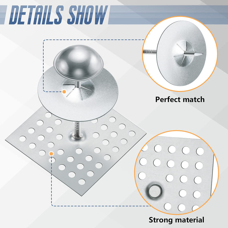 Hotop 50 Sets Perforated Insulation Pins 2-1/2 Inch, 1.5 Inch Self Locking Washers Round, 7/8" Aluminum Insulation Dome Cap Washers for Wall and Ceiling