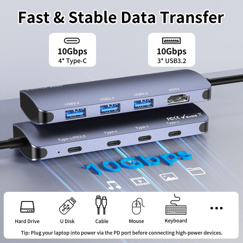 USB C Hub 8 in 1, 4 USB-C+3 USB-A 3.2 10Gbps, 4K60Hz HDMI, 100W PD for Mac | USBC to HDMI Adapter 4K@60Hz, USBC Splitter Docking Station for MacBook Neo/Air/Pro, iPad Pro, iMac, Mac mini, Dell, Surface