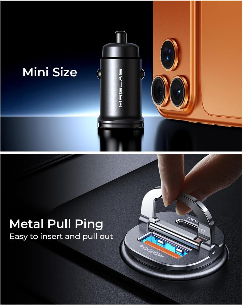 [2-Pack] 125W USB C Car Charger, USB C Car Adapter Fast Charging | Mini Metal PD65W & QC60W Dual Port, Type C Cigarette Lighter USB Charger for iPhone 17 16 15 14 Pro Max iPad Samsung Macbook Black 2