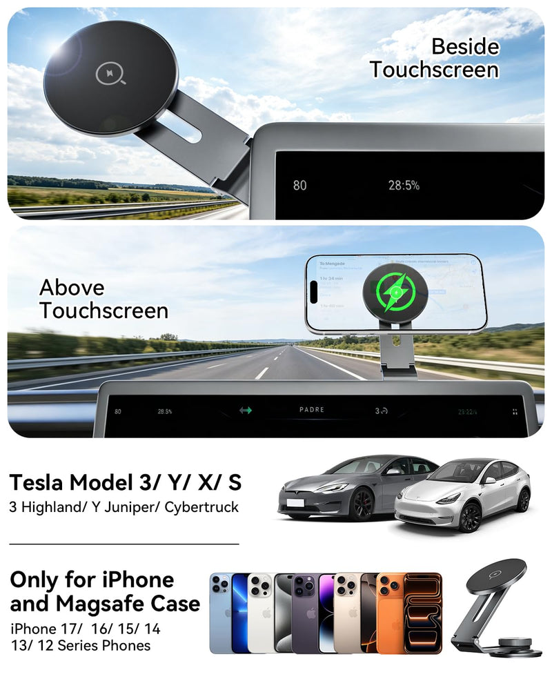 15W Wireless Charger Phone Mount for Tesla, Foldable & Extendable Metal Car Holder with Strong N55 Magnet, 360° Adjustable Stand for Tesla Model 3/Y/S/X/Cybertruck, Only Design for MagSafe