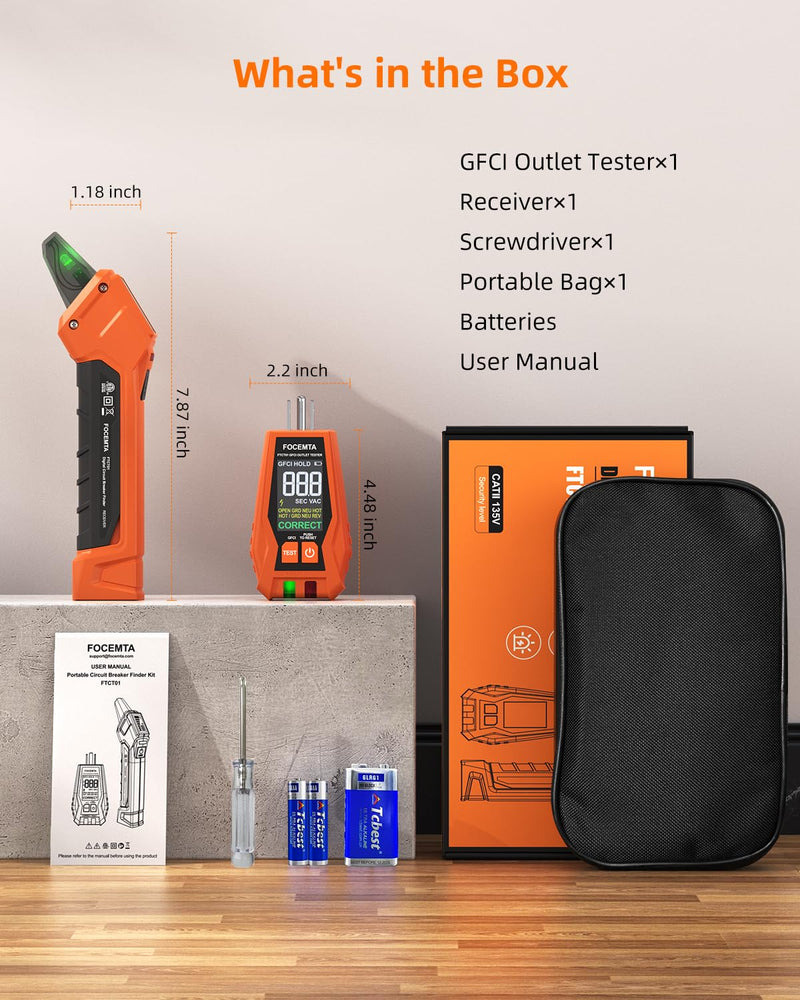Circuit Breaker Finder & GFCI Outlet Tester with Digital LCD Display, 90-135V Electrical Circuit Tracer Tool for Electricians/DIY – Lightweight (Includes Batteries & Carrying Case) Orange