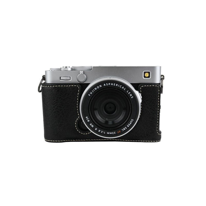 X-E5 Case, Handmade PU Leather Half Camera Case Bag Cover Bottom Opening Version for Fujifilm X-E5 XE5 With Neck Strap Lens Cover (Black) Black
