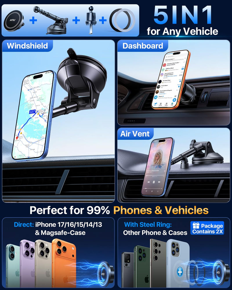 HTU【Military-Grade 80LBS Strongest Suction Upgraded for Magsafe Car Mount | Powerful Magnetic Cell Phone Holder for Car, Dashboard Windshield Stand Cradle for iPhone 17 16 15 14 Pro Max Mini,Black Black