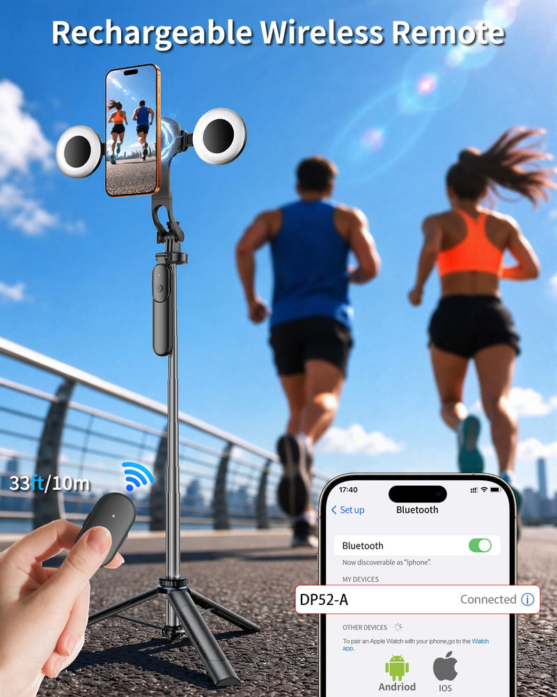 Vlogging Kit for iPhone,63" Magnetic Tripod for iPhone with 2 Light & 2 Mic | Magnetic Selfie Stick Phone Tripod with Light for Content Creator Essentials/YouTube Starter Kit/TikTok/Video Recording/Live
