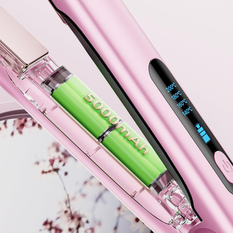 2 in 1 Cordless Hair Straightener & Curler, Wireless Mini Flat Iron for Women, USB Rechargeable Travel Hair Straighteners with 5000mAh Battery, Ceramic Coating for On-the-Go Styling Pink