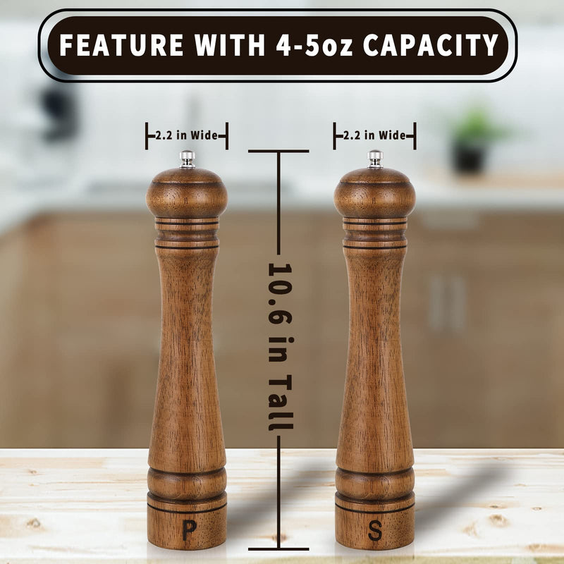 Pack of 2 Wood Pepper Grinder Set, 10 Inch Salt Mill And Pepper Grinder Set, Pepper Mill, Salt Shakers with Adjustable Ceramic Rotor - Oak Wood Pepper Grinder And Salt Mill for Your Kitchen 10 Inches - 2 Pack