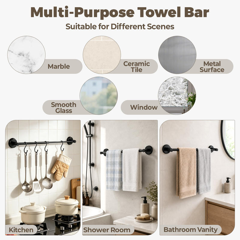 Adjustable Suction Cup Towel Bar – Towel Racks for Bathroom, 13.6-25 Inch, 2 Pack Stainless Steel Bathroom Towel Holder with 8 S Hooks, No Drill for Kitchen, Shower & Smooth Surfaces – Black