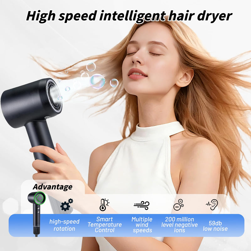 High-Speed Hair Dryer, 1600W Ionic Blow Dryer with 110,000 RPM Brushless Motor, 22m/s Fast Drying with 3 Heat Settings & Cool Shot LED 59dB Quiet Home Travel Salon Use Black