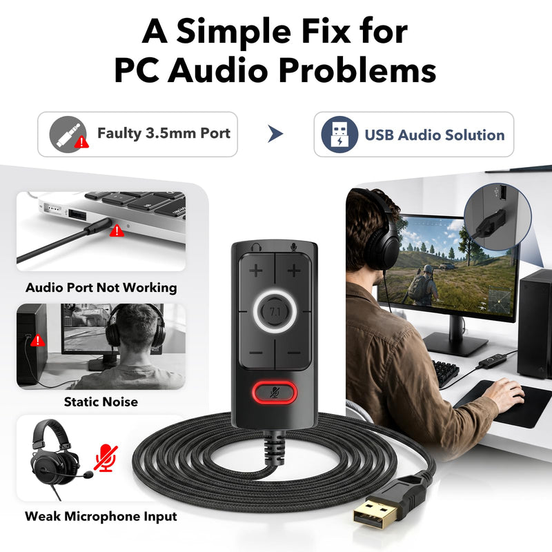 1Mii S03 External USB Sound Card, 7.1 Surround USB 3.5mm Jack Audio Adapter | for PC to Headphones, Plug & Play, Volume Control and Mic Mute for Gaming, USB to AUX for Headset, Computer, PS4, PS5, 6FT