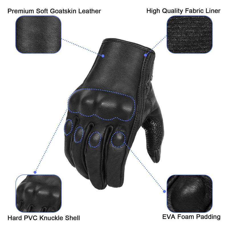 Updated Full Finger Leather Motorcycle Gloves Phone Touch Goat Skin Black Motorbike Riding Gloves (Updated,Non-Perforated, L) Updated,non-perforated Large