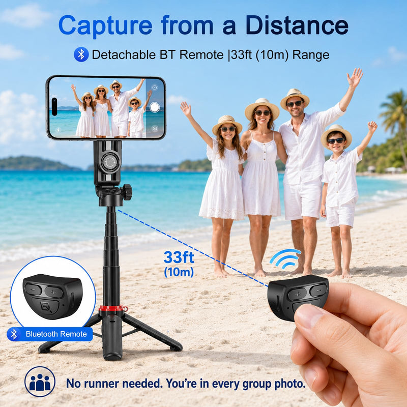 Mini Magnetic Quadrapod Selfie Stick for Phone with Carabiner & Remote | Extendable, Pocket-Sized & Lightweight. Bluetooth Remote with Zoom. Compatible with iPhone. Great for Travel, Vlog & Selfie.