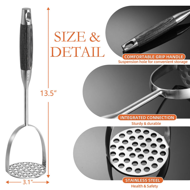 Potato Masher Stainless Steel, Heavy Duty Mashed Potatoe Masher,Professional Integrated Food Masher for Avocado, Potatoes, Beans, Meat, Vegetables (Black wooden handle Masher) Black wooden handle Masher