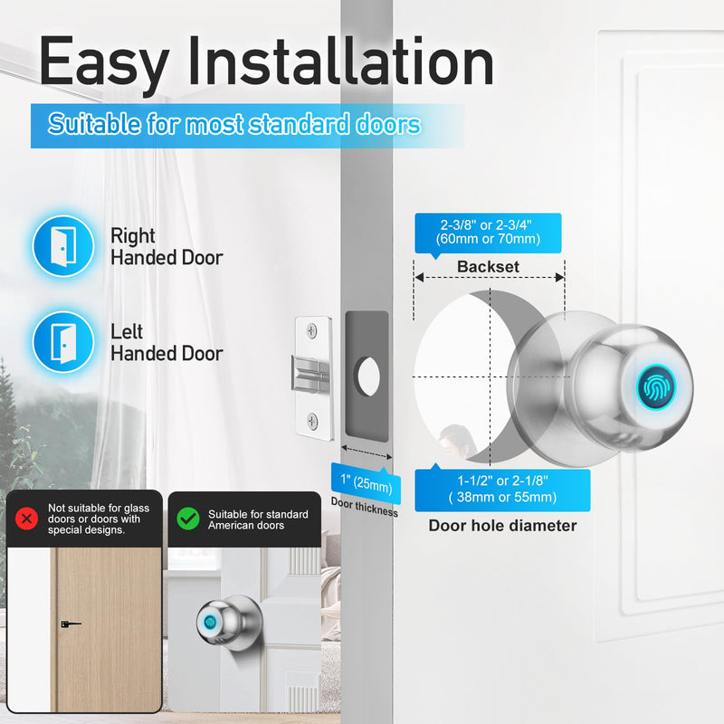 Fingerprint Door Lock, Smart Door Knob with Lock, Biometric Door Lock | Keyless Door Locks for Bedrooms, Front Door, Home, Finger Print Door Knobs Satin Nickel, 1 Pack 1 Piece Fingerprint