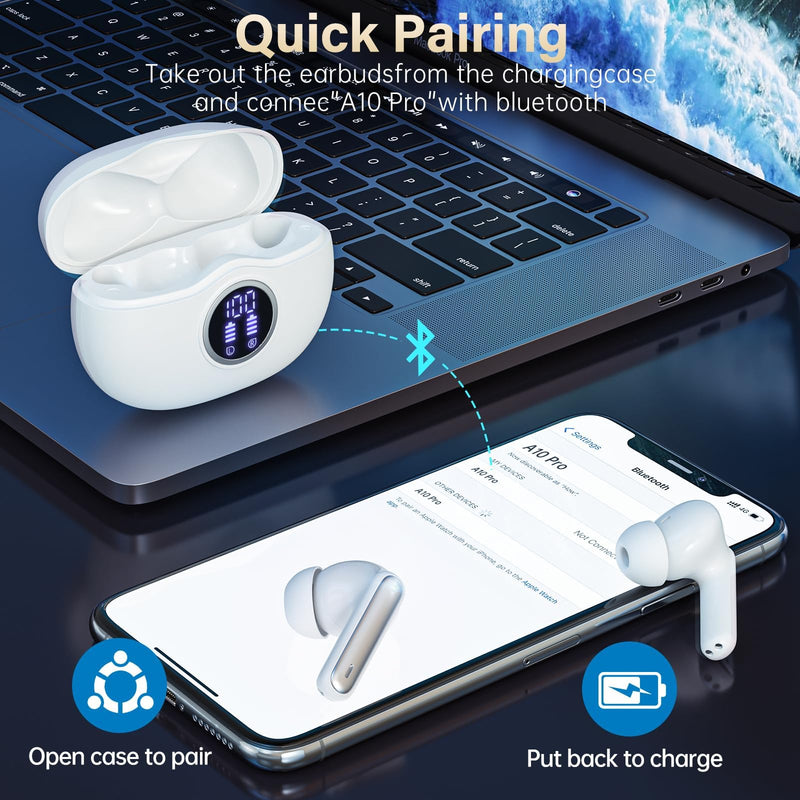 Wireless Earbuds, Bluetooth 5.3 Headphones HiFi Stereo 50H Playback LED Digital Display Ear Buds with ENC Noise Canceling Headset, IPX7 Waterproof Earphones for Gym/Running/Work（White） White