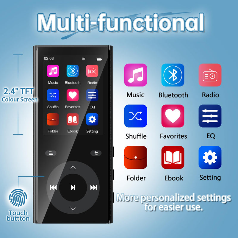 90GB MP3 Player with Bluetooth 5.3, Music Player with 2 TF Card Slots | 2.4" Color Screen, Touch Buttons, MP3 Player for Kids Built-in Speaker, HiFi Sound, Supports up to 256GB, Earphones Included 90 GB
