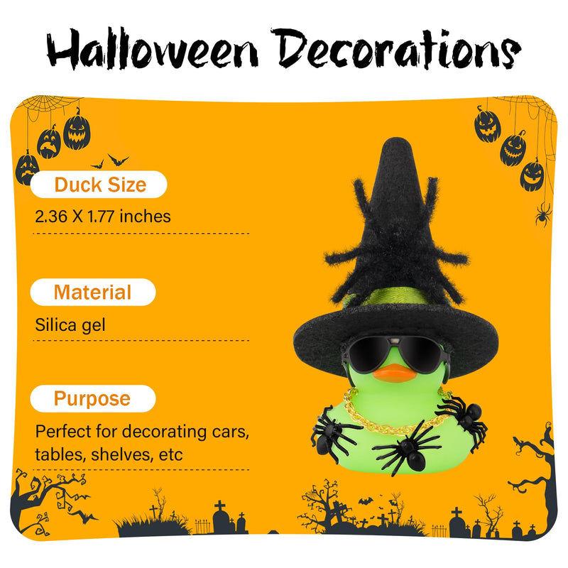 wonuu Car Dashboard Decorations Spiders Witch Rubber Ducks for Halloween, Duck for Office Desk Ornament Accessories with Hat, Glasses, Chain, Plush and Plastic Spider, Green