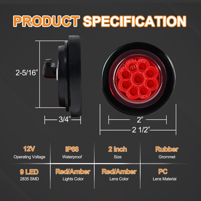 10Pack(5 Amber + 5 Red) 2" 9 LED Round Trailer Side Marker Light Grommet Flush Mount, [DOT Approved] Sealed 2 inch Clearance Lights with Reflex Lens for Truck RV Camper, IP67 Waterproof, 12V Amber/Red - 9 LED