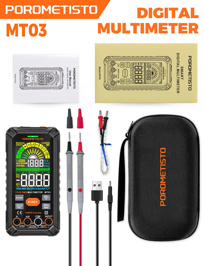 Smart Digital Multimeter Auto-Ranging,10000 Counts True-RMS | POROMETISTO Rechargeable Voltmeter Multimeter with NCV & Capacitance Check,Dual Fuse Electric Tester for HVAC & Automotive MT03
