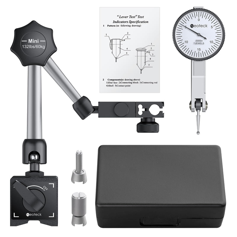 Neoteck 0-0.03"/0.0005" Dial Test Indicator with 132lbs(60kg) Max Pull Magnetic Base Stand Test Indicator Set with 3/8 inch (9.52mm) Clamping Hole for Machine Set-Up and Narrow Area Measurement-Silver Silver Mini-132lbs/60kg Tensile Force