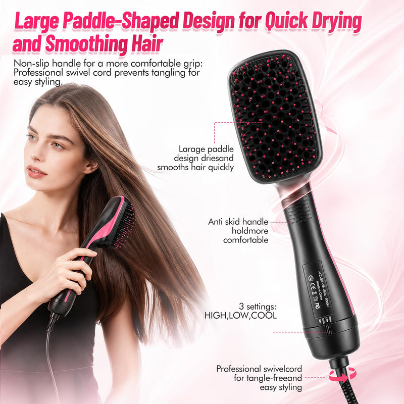 3 in 1 Hair Dryer Brush,Hot Air Styling Brush with Negative Ion,Hairdryer Straightener Brush with 3 Heat/2 Speed Settings,Scalp Massage Function for Frizz-Free Salon (Black + red) Black + Red