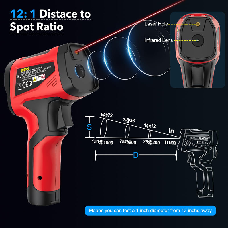 Infrared Thermometer Gun, Digital Laser Temperature Gun with Probe, -40°F~1472°F Non-Contact IR Thermometer with Adjustable Emissivity for Cooking, Pizza Oven, Griddle, Grill & Meat Red IR06 PRO -40℉~1472℉(-40℃~800℃)