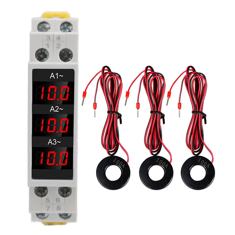 Zunate 3 Phase DIN Rail Ammeter with 3 Sensors, LED Digital Amp Meter with Trend Display for Industrial Power Management, Precision Grade, AC80-500V 1-100A