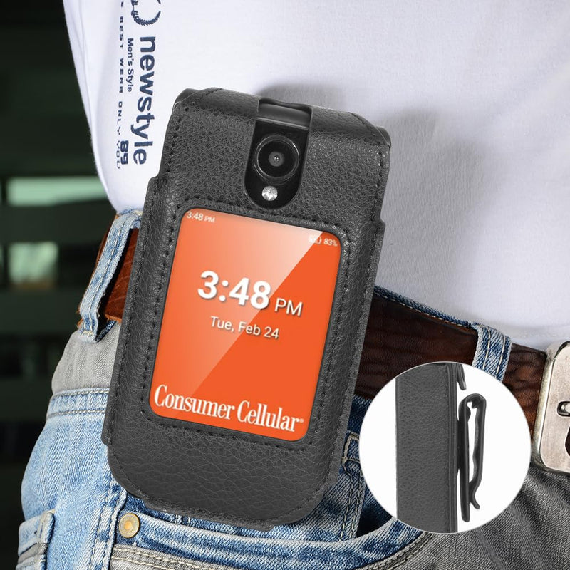 Fitted Series for Consumer Cellular Iris Easy Flip 2 Phone Case - Black | Vegan Leather, Form-Fit Cover, with Screen Protection, Keypad Guard, Rotating Metal Belt Clip, Also Fits SpeakEasy Flip 2026