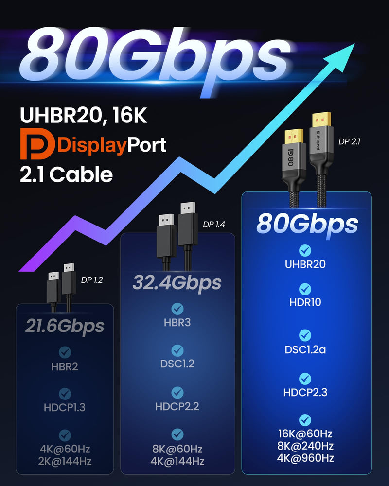 Silkland 80Gbps DisplayPort Cable 2.1 10FT/3M, [16K@60Hz, 8K@240Hz, 4K@540Hz 360Hz 240Hz] DP 2.1 Cable 16K, DP80 HDR DSC Display Port Cord Compatible DP 1.4 FreeSync G-Sync Gaming Monitor 5090 9070XT 10 Feet Grey