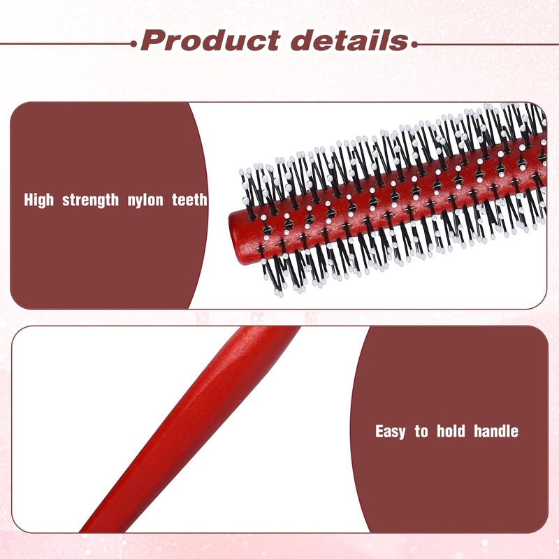 Small Round Hair Brush for Blow Drying, Mini Curling Brush with Ball Tip Nylon Bristle and Wood Handle, Mini Quiff Roller for Short Hair, Thin Hair, Bangs, Lifting, Styling, Beard (Red)