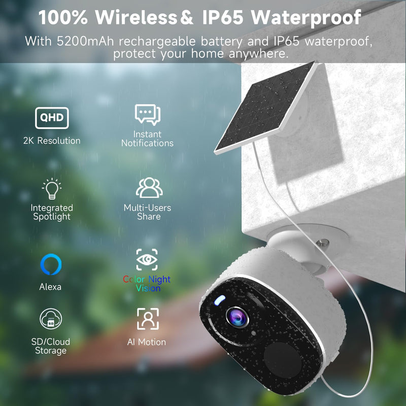 3pcs Solar Security Cameras Wireless Outdoor,2K WiFi Cameras for Home Security with Solar Panel, Battery Powered with Color Night Vision, AI Detection,2-Way Audio, IP65, SD/Cloud, Works Alexa BW4-3PC-SP